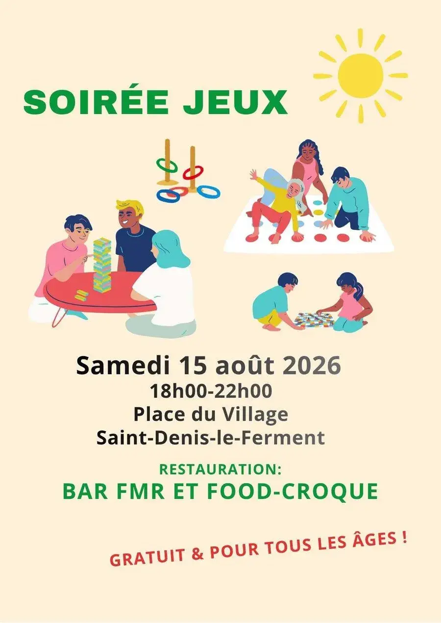 Affiche de la soirée jeux de société du samedi 15 août 2026, de 18h à 22h, place du village à Saint-Denis-le-Ferment.