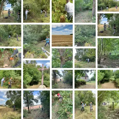 Le chemin de la chapelle métamorphosé par le chantier de débroussaillage (montage photo)