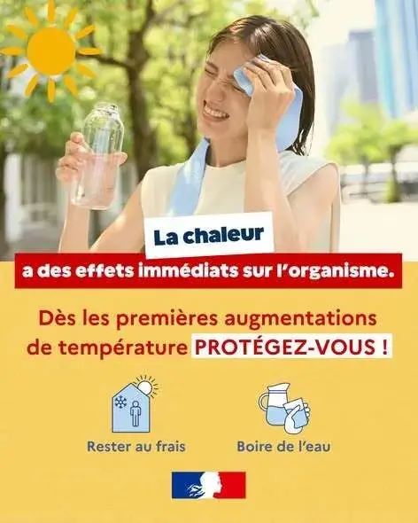 Visuel de prévention canicule : la chaleur a des effets immédiats sur l'organisme, protégez-vous.