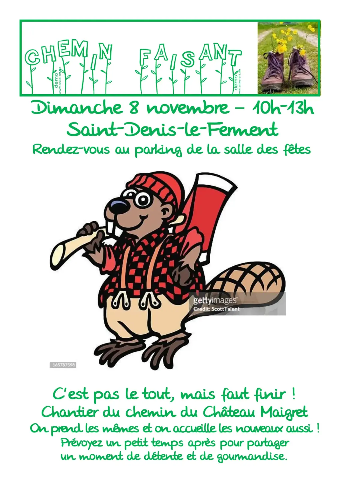 Affiche « Chemin Faisant » : chantier du chemin du Château Maigret le dimanche 8 novembre de 10h à 13h à Saint-Denis-le-Ferment, rendez-vous au parking de la salle des fêtes ; dessin d'un castor bûcheron et photo de chaussures de randonnée.