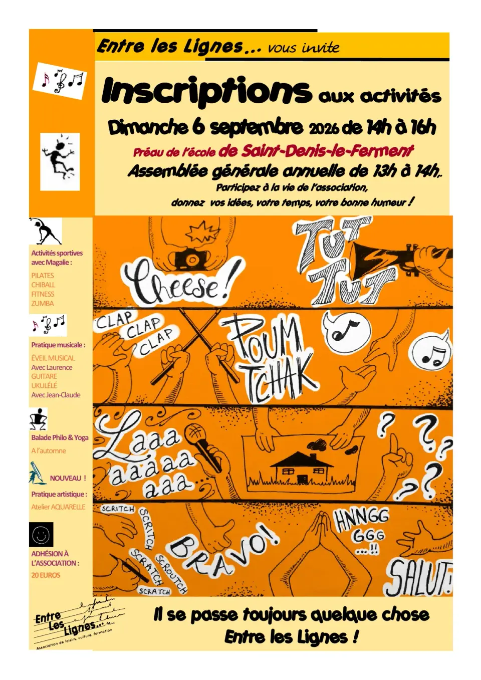 Affiche de l'association Entre les Lignes : inscriptions aux activités le dimanche 6 septembre 2026 de 14h à 16h et assemblée générale annuelle de 13h à 14h, au préau de l'école de Saint-Denis-le-Ferment.