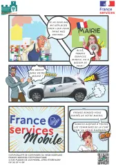 Affiche illustrée « France Services Mobile » de la Communauté de communes du Vexin Normand : un véhicule France Services se déplace jusqu'à la mairie pour accompagner les habitants dans leurs démarches administratives.