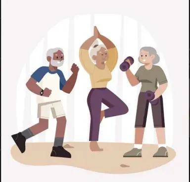 Illustration : trois personnes âgées pratiquent la gymnastique douce.