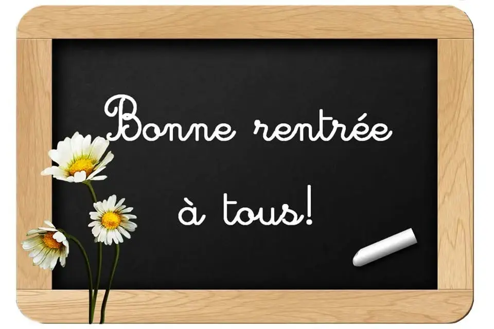 Ardoise encadrée de bois portant l'inscription manuscrite « Bonne rentrée à tous ! », ornée de marguerites blanches et d'un morceau de craie.