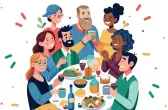 Illustration : un groupe d'amis souriants trinquent autour d'une table garnie de plats et de boissons, entourés de confettis.