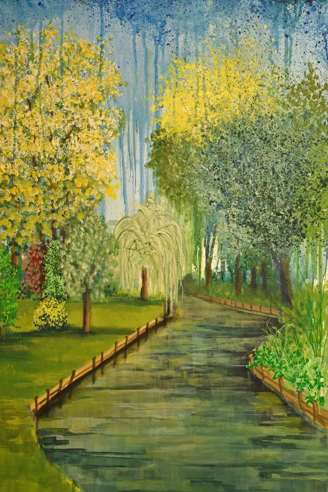 Peinture d'une rivière bordée d'arbres et de saules