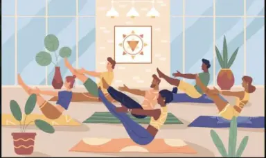 Illustration : un groupe pratique le yoga sur des tapis dans une salle lumineuse.