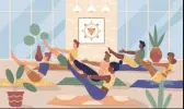Illustration : un groupe pratique le yoga sur des tapis dans une salle lumineuse.